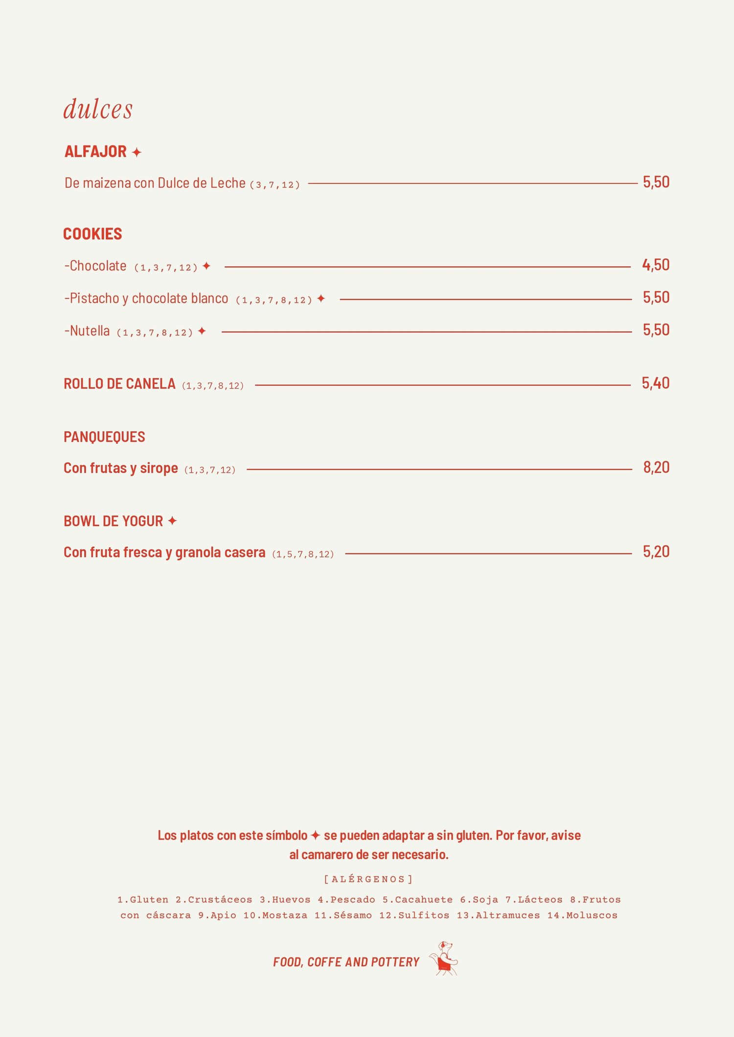 Carta — dulces y alérgenos
