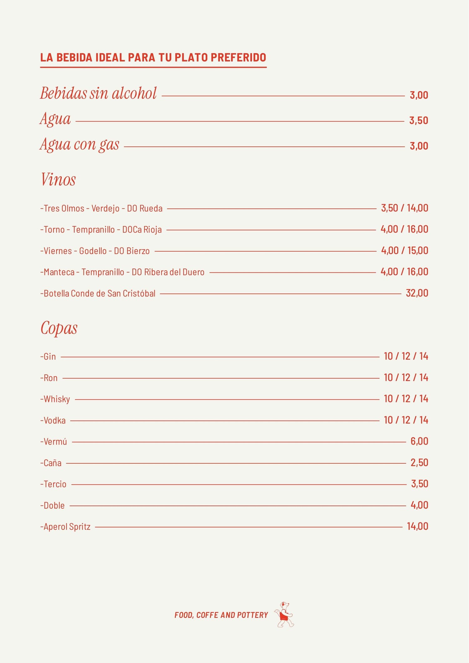 Carta — bebidas, vinos y copas